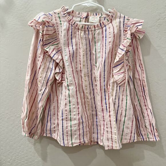 Crewcuts Light Pink Rainbow Metallic Stripe Ruffle Long Sleeve Shirt - Picture 1 of 6